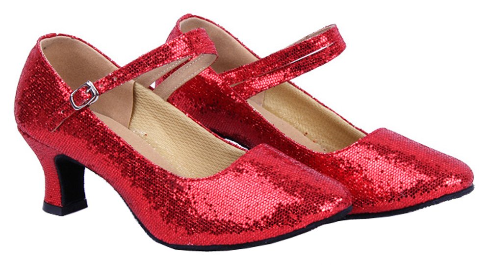 Honeystore Women's Soft Ground Mary Jane Glitter Dance Shoes Red 8 B(M) US