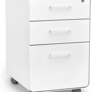 Poppin Stow 3-Drawer Rolling File Cabinet - White. 2 Utility Drawers and 1 Hanging File Drawer. Two Locking and Two Non-Locking Wheels. Powder-Coated Steel. Two Keys Included