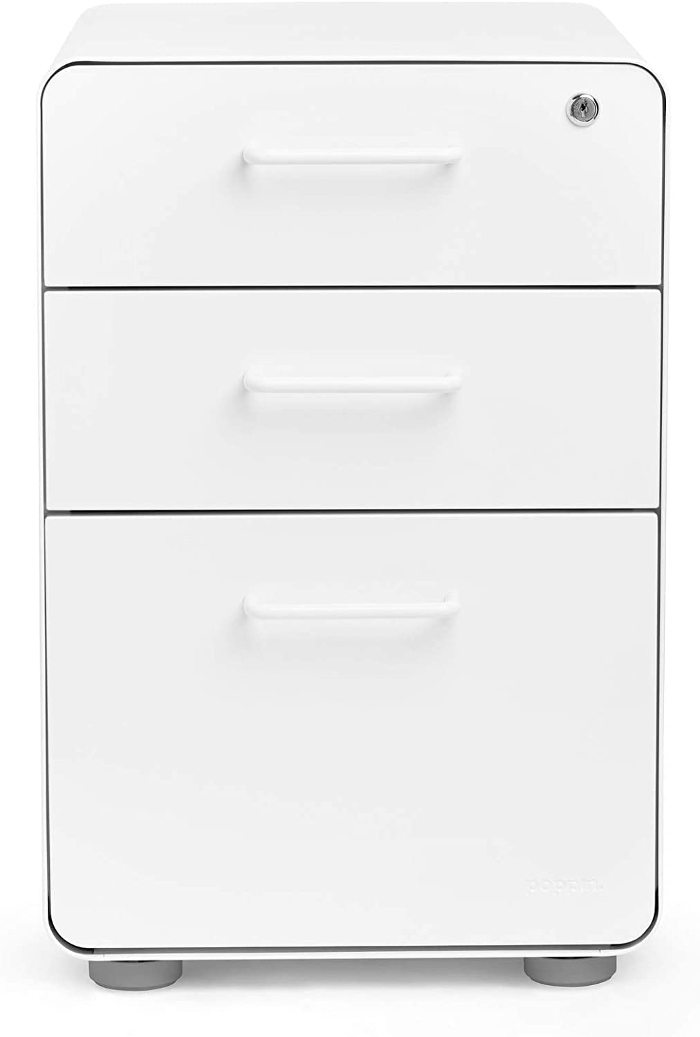 Poppin Stow 3-Drawer Rolling File Cabinet - White. 2 Utility Drawers and 1 Hanging File Drawer. Two Locking and Two Non-Locking Wheels. Powder-Coated Steel. Two Keys Included