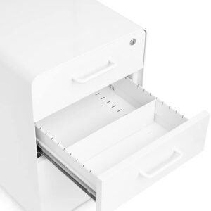 Poppin Stow 3-Drawer Rolling File Cabinet - White. 2 Utility Drawers and 1 Hanging File Drawer. Two Locking and Two Non-Locking Wheels. Powder-Coated Steel. Two Keys Included