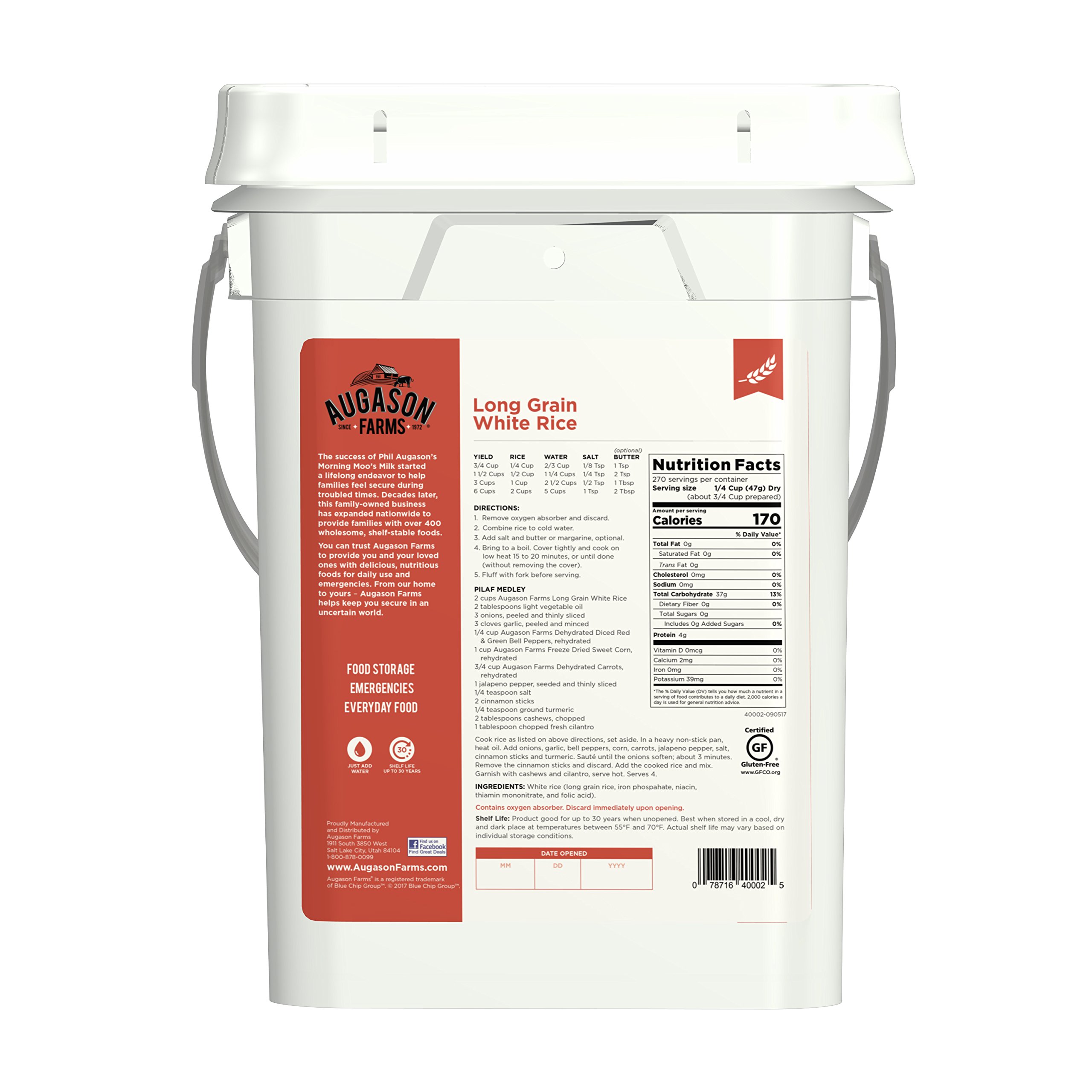 Augason Farms Long Grain White Rice Emergency Food Storage 24 Pound Pail