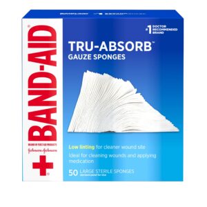 band-aid brand first aid products tru-absorb sterile gauze sponges for cleaning and cushioning minor wounds, cuts & burns, low-lint design, individually wrapped 4 in by 4 in pads