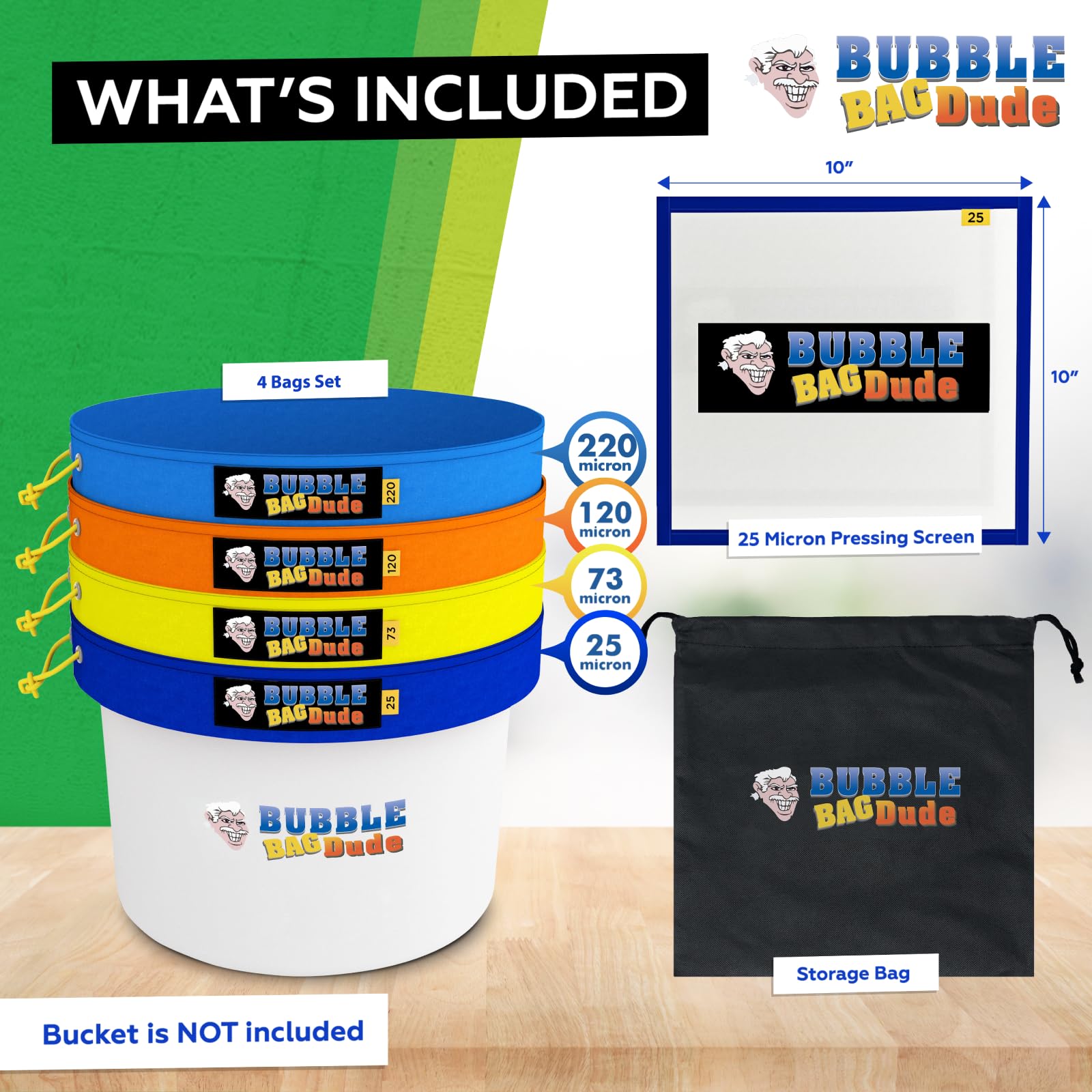 BUBBLEBAGDUDE Bubble Bags 5 Gallon 4 Bags Set - Herbal Ice Bubble Bag Essence Extractor Kit - Plant & Herb Extraction Bubble Bags with 10 x 10” Pressing Screen & Storage Bag (220 to 25-Micron Bags)