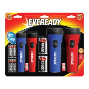 led flashlight by eveready, bright flashlights for emergencies and camping gear, flash light with aa & d batteries included, pack of 4
