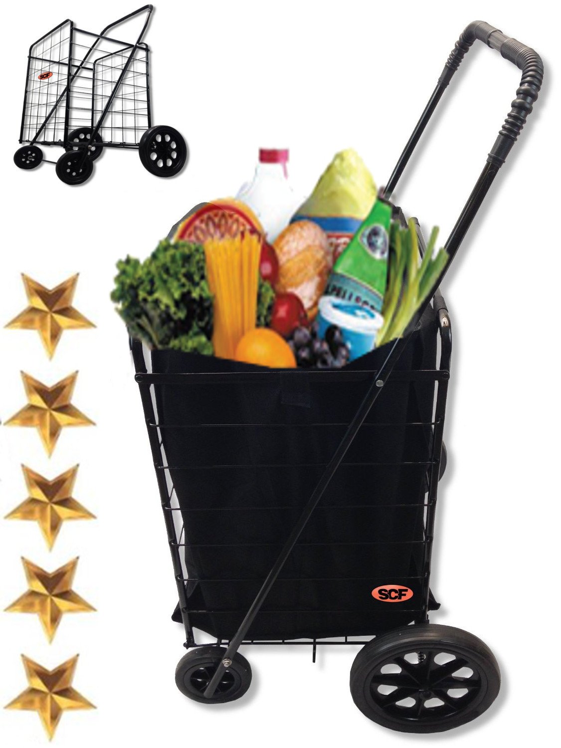 Extra Large Heavy-Duty Black Folding Utility Cart Folds Up Rolling Storage Shopping Carrier from SCF (Black) with Bonus Liner