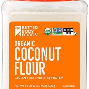 BetterBody Foods Organic Coconut Flour 2.25 Pound Jar, Naturally Gluten-Free White Flour Alternative with a Slight Coconut Taste and Aroma, 23% Dietary Fiber per Serving