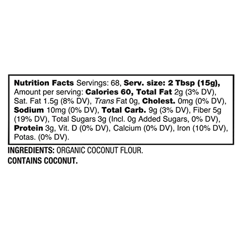 BetterBody Foods Organic Coconut Flour 2.25 Pound Jar, Naturally Gluten-Free White Flour Alternative with a Slight Coconut Taste and Aroma, 23% Dietary Fiber per Serving