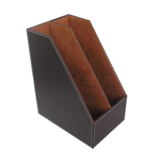 kingfom wooden leatherette desktop file folder organizer and document file stand journals magazine rack 2 slots (brown)