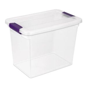 sterilite 27 qt clearview latch storage box stackable bin with latching lid, plastic container to organize clothes in closet, clear base, lid, 12-pack