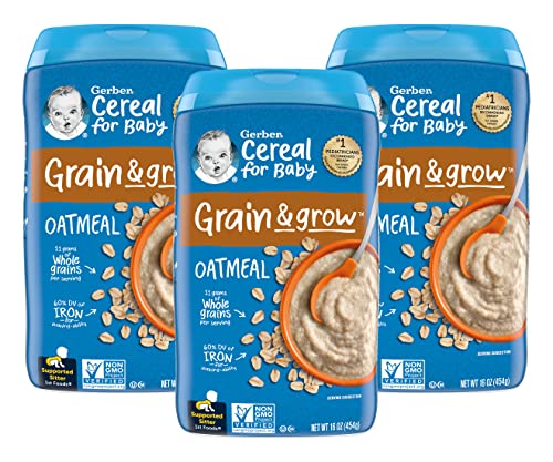 Gerber Cereal for Baby 1st Foods Grain & Grow Cereal, Oatmeal Cereal, Made with Whole Grains & Essential Nutrients, Non-GMO, 16-Ounce Canister (Pack of 3)