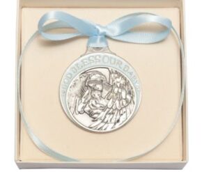 beautiful pewter baby with angel crib medal with blue ribbon- boxed