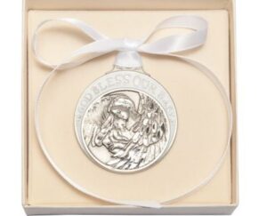 pewter baby with guardian angel crib medal with white ribbon - boxed by truefaithgifts