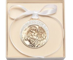 gold oxide baby with guardian angel crib medal with white ribbon - boxed.