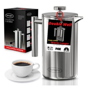 sterlingpro french press coffee maker (1l)-double walled large coffee press with 2 free filters-enjoy granule-free coffee guaranteed, stylish rust free kitchen accessory-stainless steel french press