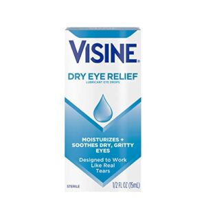 visine dry eye relief lubricant eye drops with polyethylene glycol 400 to moisturize and soothe irritated, gritty and dry eyes, designed to work like real tears, 0.5 fl. oz