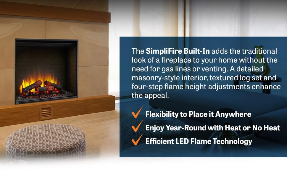 SIMPLIFIRE 36" Built-in Metal Electric Fireplace - Black, SF-BI36-E