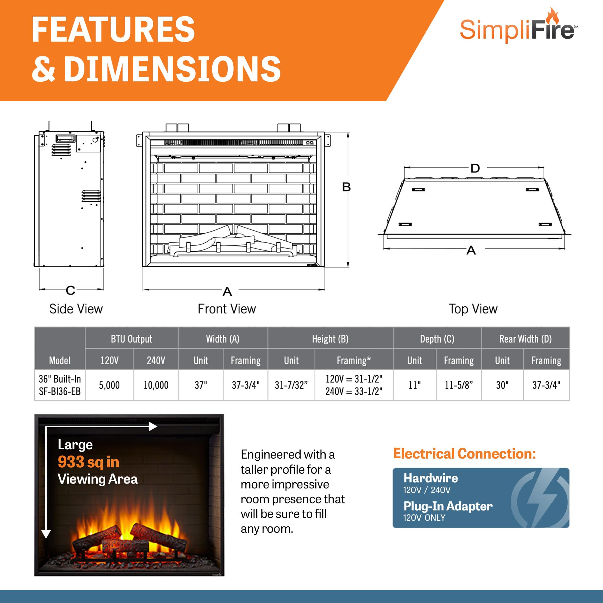 SIMPLIFIRE 36" Built-in Metal Electric Fireplace - Black, SF-BI36-E