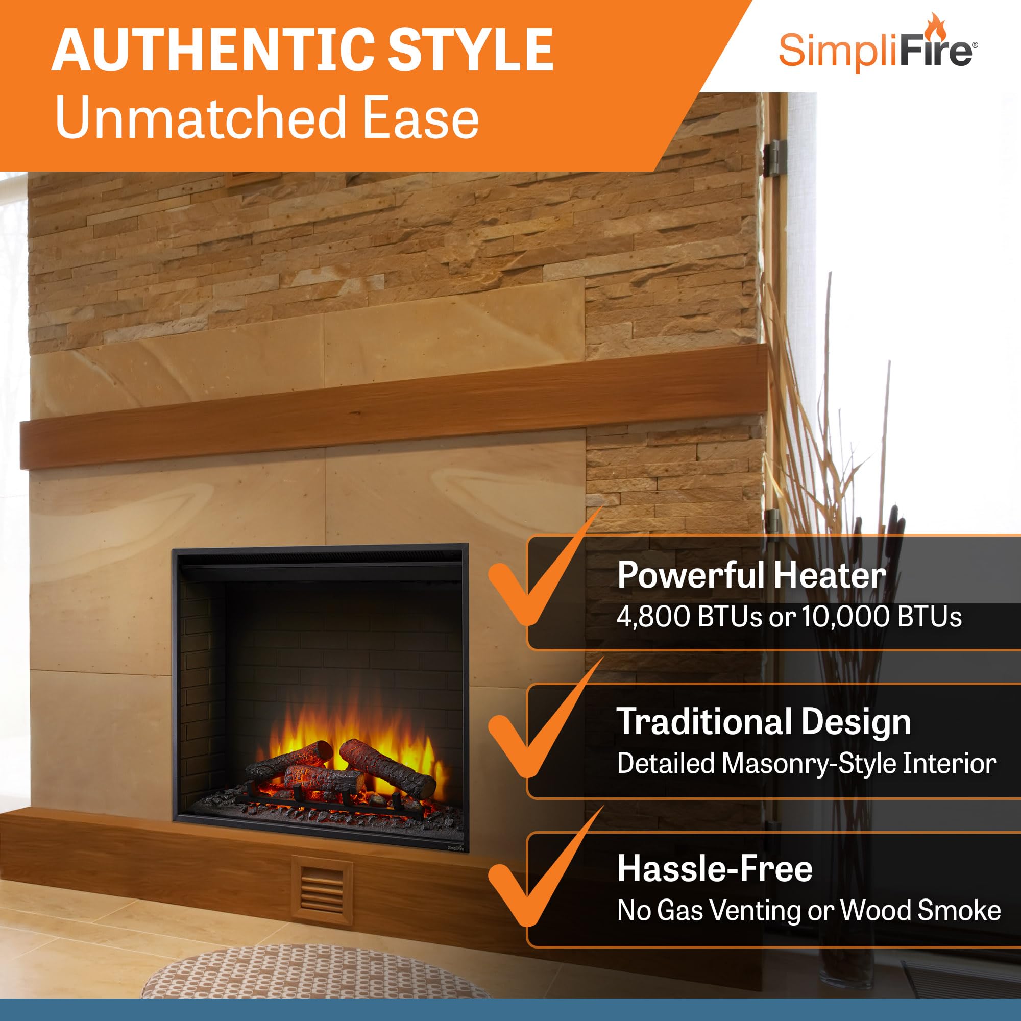 SIMPLIFIRE 36" Built-in Metal Electric Fireplace - Black, SF-BI36-E