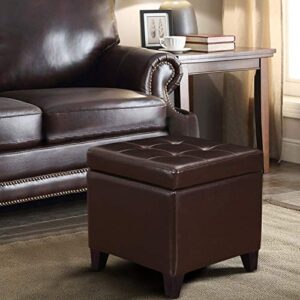 Joveco 18" Storage Ottoman PU Bonded Leather Tufted Square Footrest with Hinged Lid, Cube Footstool Seat for Living Room Bedroom (Brown)
