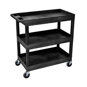 offex 32" x 18" mobile multipurpose utility tub cart with 3 shelves and ergonomic handle - black, great for warehouse, garage and more