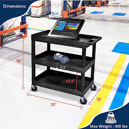 Offex 32" x 18" Mobile Multipurpose Utility Tub Cart with 3 Shelves and Ergonomic Handle - Black, Great for Warehouse, Garage and More