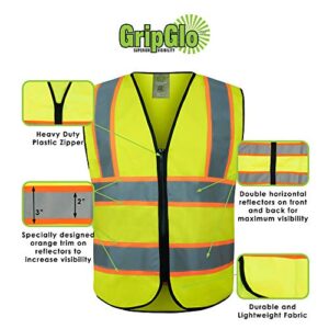 GripGlo Reflective Safety Vest, Bright Neon Color with 2 Inch Reflective Strips - Orange Trim - Zipper Front, Medium, X-Large