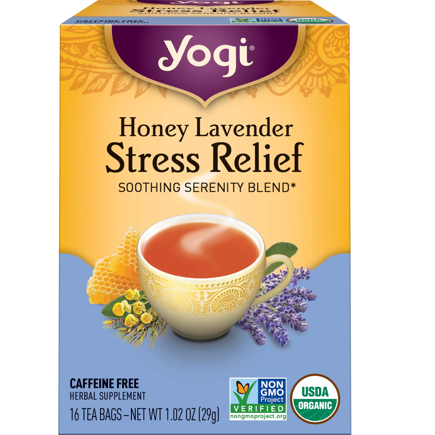 Yogi Tea Honey Lavender Stress Relief Tea - 16 Tea Bags per Pack (6 Packs) - Organic Chamomile Lavender Tea - Includes Lemon Balm, Lemongrass, Spearmint Leaf, Peppermint Leaf, Honey Flavor & More