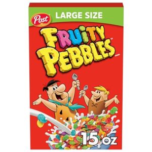 pebbles fruity pebbles cereal, fruity kids cereal, gluten free rice cereal for kids, 15 oz large cereal sized box