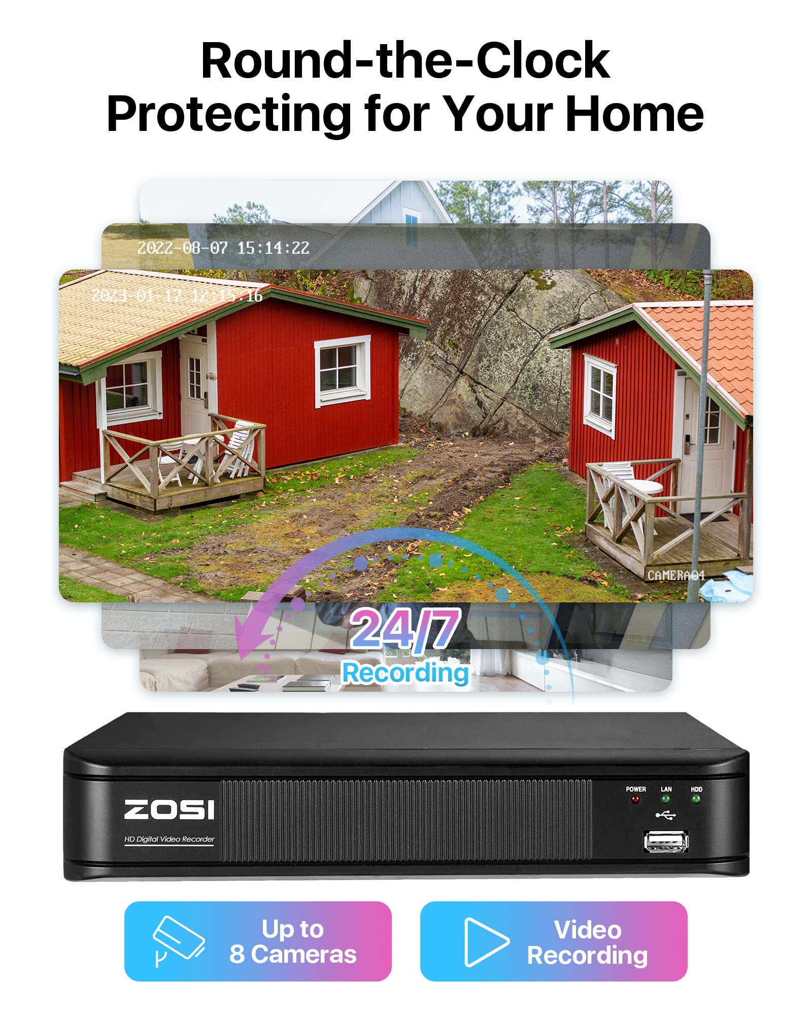 ZOSI H.265+ Full 1080p Home Security Camera System Outdoor Indoor, 5MP-Lite CCTV DVR 8 Channel with AI Human Vehicle Detection, 4 x 1080p Weatherproof Surveillance Camera, 80ft Night Vision, 1TB HDD