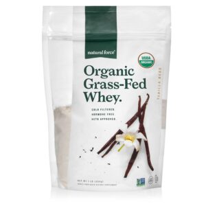 natural force grass fed organic whey protein powder – non gmo verified, humane certified & lab tested for toxins – real vanilla flavor – keto friendly, low carb, and kosher - 16 ounce a2 protein