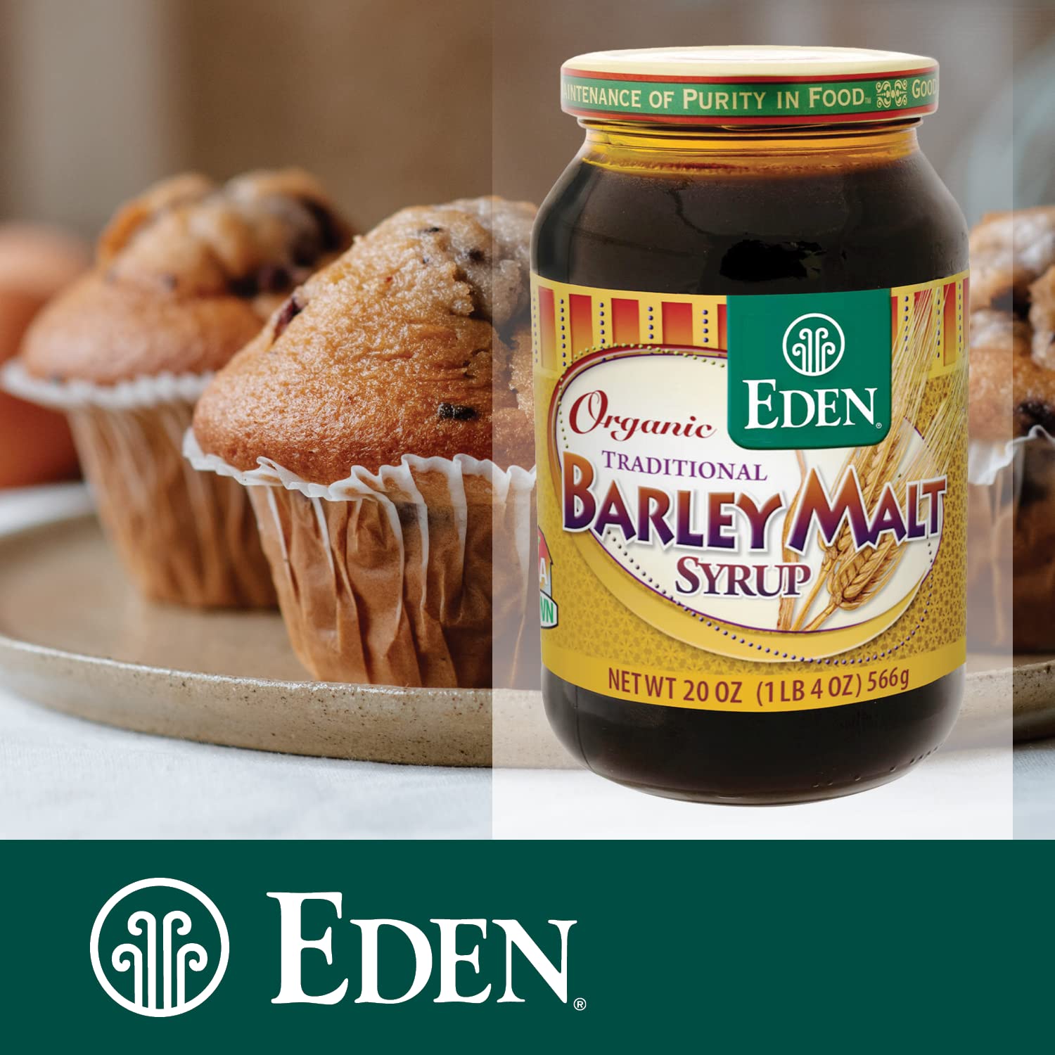 Eden Organic Traditional Barley Malt Syrup, Whole Grain Liquid Sweetener, 74.5% Maltose, Non-Diastatic, Non-GMO, 20 oz Glass Jar