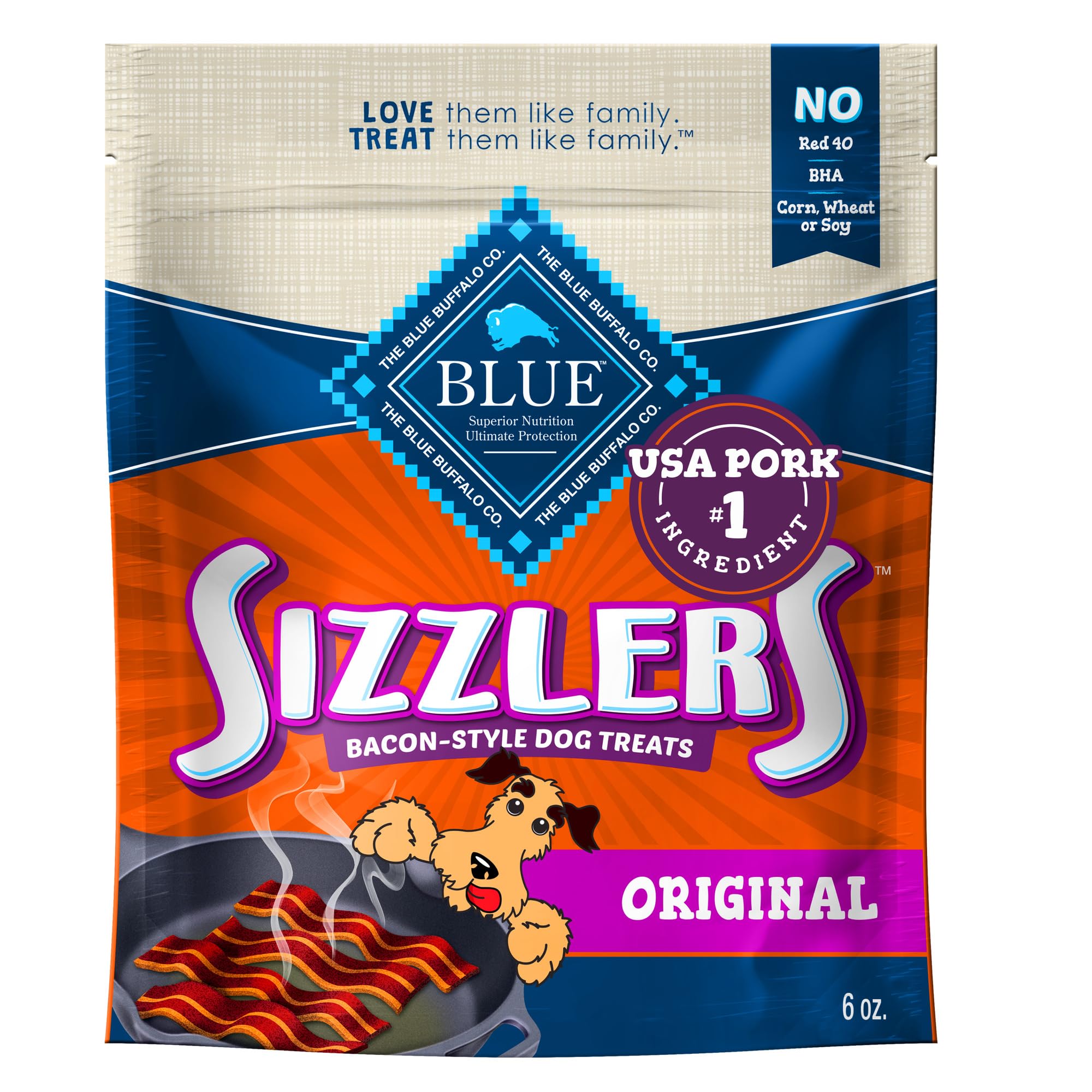 Blue Buffalo Sizzlers Natural Soft Dog Treats, Bacon-Style Soft-Moist Dog Treats with Real USA Pork, Original Flavor, 6-oz. Bag