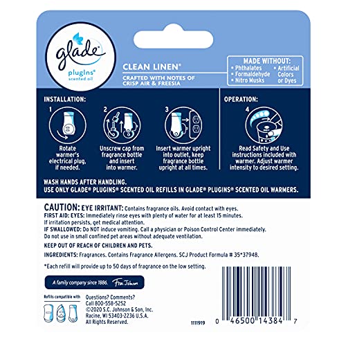 Glade PlugIns Refills Air Freshener, Scented and Essential Oils for Home and Bathroom, Clean Linen, 1.34 Fl Oz, 2 Count