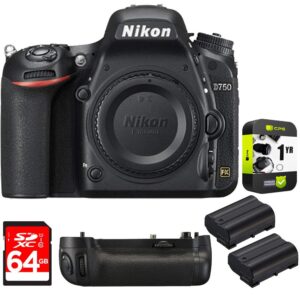 nikon d750 dslr 24.3mp hd 1080p fx-format digital camera body bundle with 64gb memory card, battery grip, 2x rechargeable li-ion battery, 1 yr cps enhanced protection pack