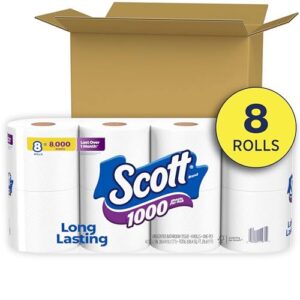 Scott 1000 Toilet Paper, 8 Rolls, Septic-Safe, 1-Ply Toilet Tissue