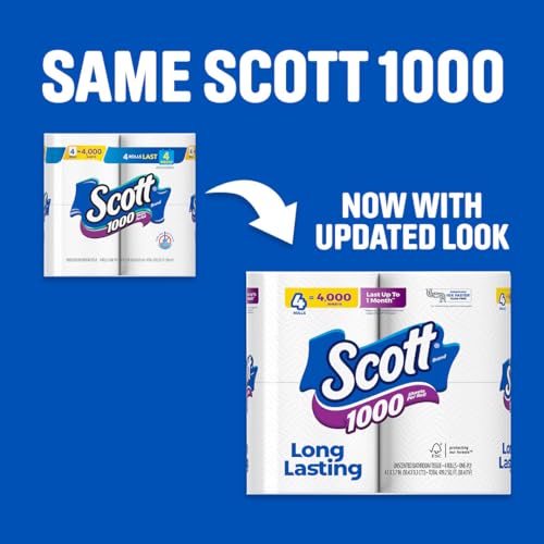 Scott 1000 Toilet Paper, 8 Rolls, Septic-Safe, 1-Ply Toilet Tissue