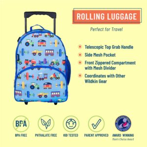 Wildkin Kids Rolling Luggage for Boys and Girls, Carry on Luggage Size is Perfect for School and Overnight Travel, Measures 16 x 12 x 6 Inches (Trains, Planes, and Trucks)