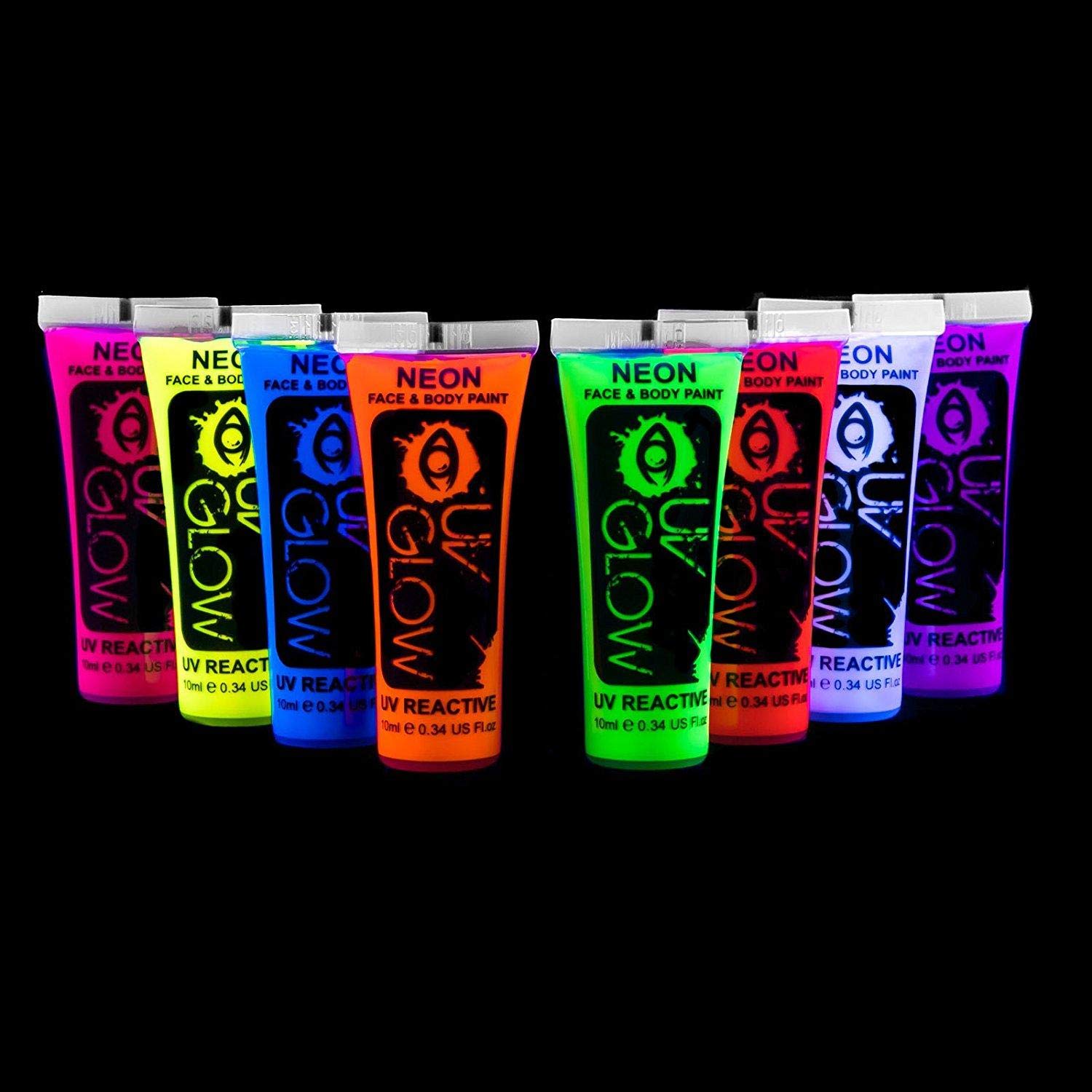 Uv Glow Blacklight Face and Body Paint 0.34oz - Set of 8 Tubes - Neon Fluorescent (All Colours)