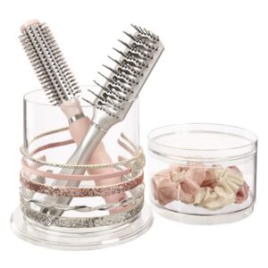 stori bella stackable clear plastic hair accessory organizer set | round headband and hairbrush holder stacks on the storage containers with tray lid | made in usa