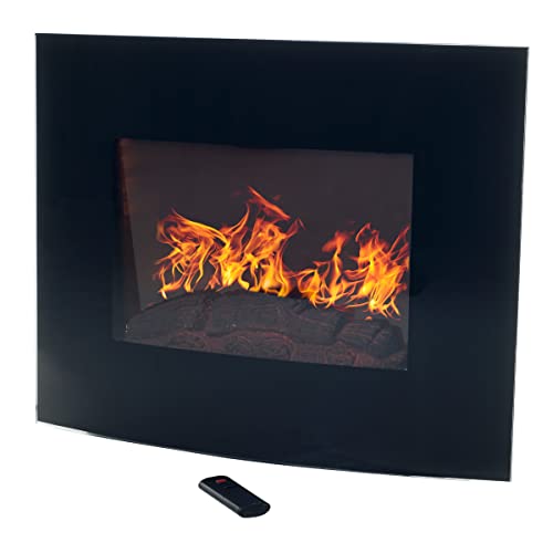 25.5-Inch Wall Mounted Electric Fireplace - Curved Glass Heater with Log Fuel Effect, Adjustable Flames, and Remote Control by Northwest (Black)