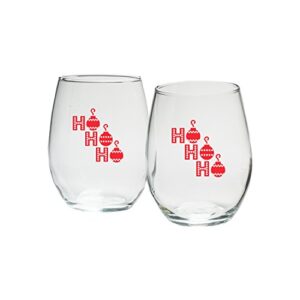 kate aspen holiday ho ho ho in red print stemless wine glass, 9-ounce, clear, set of 12