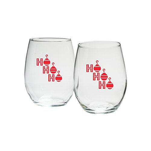 Kate Aspen Holiday Ho Ho Ho in Red Print Stemless Wine Glass, 9-Ounce, Clear, Set of 12