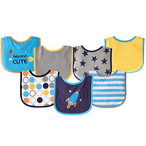 Luvable Friends Unisex Baby Cotton Terry Drooler Bibs with PEVA Back, Blue Rocket, One Size