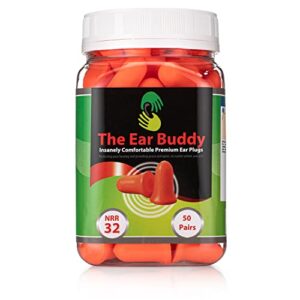 the ear buddy premium soft foam ear plugs for sleeping noise cancelling, hearing protection earplugs for shooting range, concerts, work & travel, noise reduction rating 32 decibels, 50 pairs