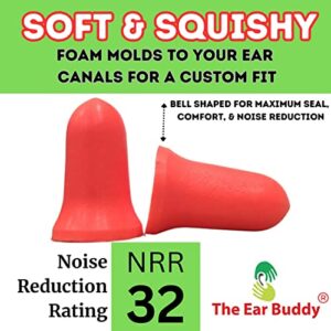 The Ear Buddy Premium Soft Foam Ear Plugs for Sleeping Noise Cancelling, Hearing Protection Earplugs for Shooting Range, Concerts, Work & Travel, Noise Reduction Rating 32 Decibels, 50 Pairs