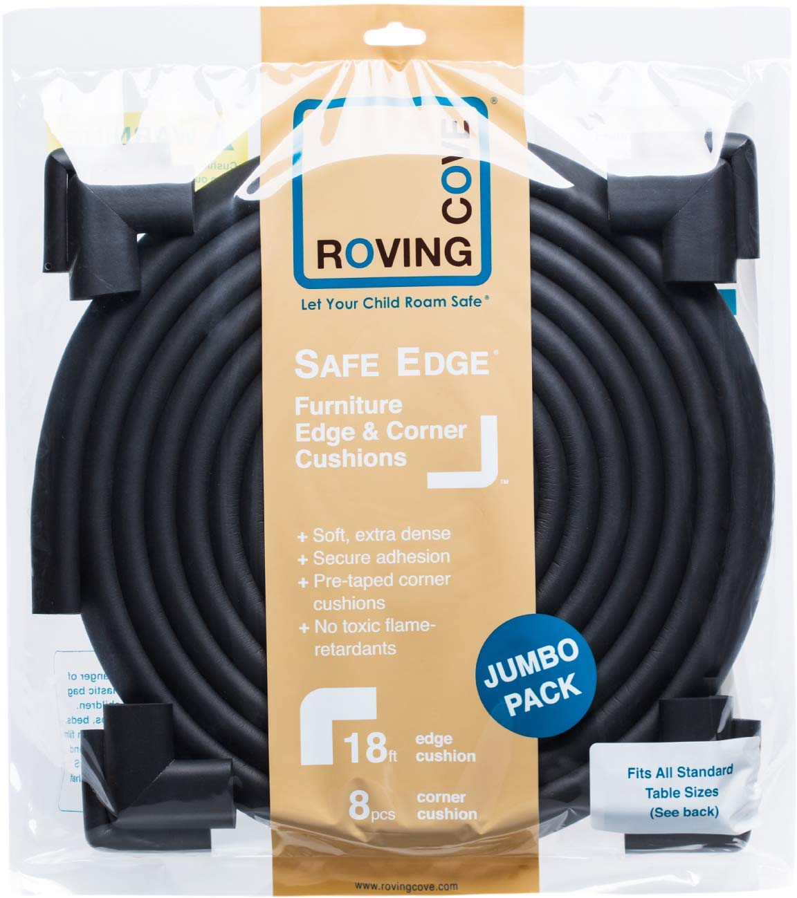 Roving Cove Edge Corner Protector Baby Proofing (Large 18ft Edge 8 Corners), Hefty-Fit Heavy-Duty, Soft NBR Rubber Foam, Furniture Fireplace Safety Bumper Guard, 3M Adhesive, Onyx Black