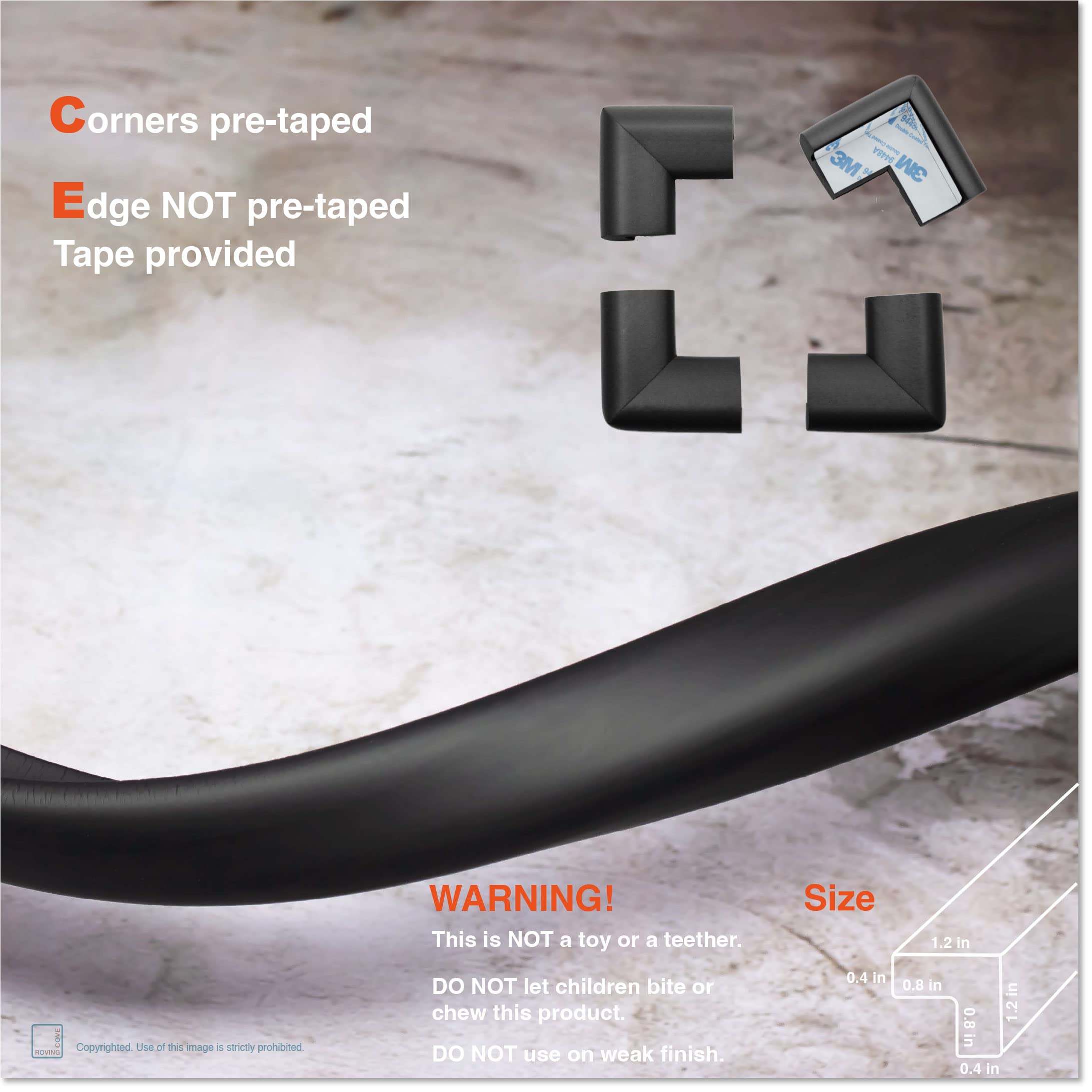 Roving Cove Edge Corner Protector Baby Proofing (Large 18ft Edge 8 Corners), Hefty-Fit Heavy-Duty, Soft NBR Rubber Foam, Furniture Fireplace Safety Bumper Guard, 3M Adhesive, Onyx Black