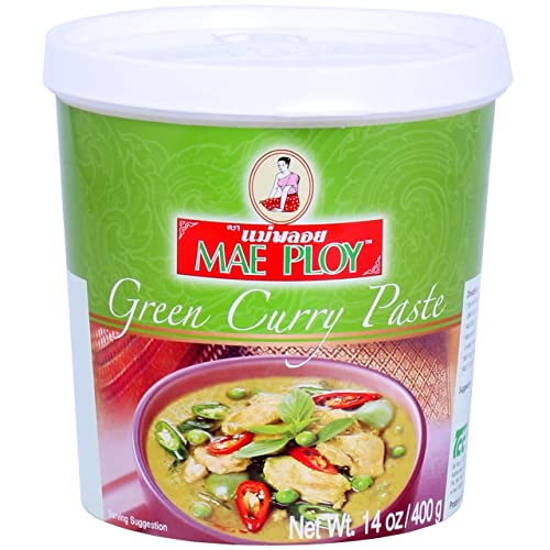 Mae Ploy Green Curry Paste, Authentic Thai Green Curry Paste for Thai Curries & Other Dishes, Aromatic Blend of Herbs, Spices & Shrimp Paste, (14oz Tub) (25469)