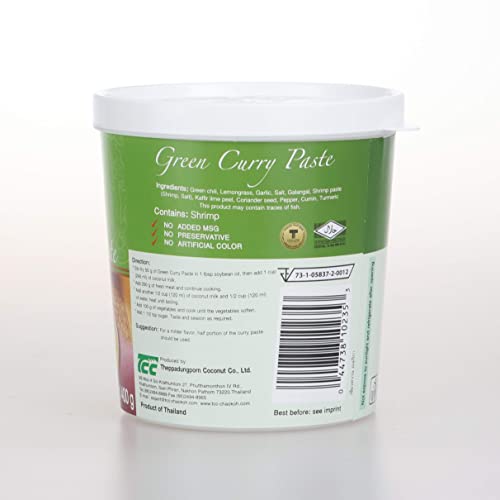 Mae Ploy Green Curry Paste, Authentic Thai Green Curry Paste for Thai Curries & Other Dishes, Aromatic Blend of Herbs, Spices & Shrimp Paste, (14oz Tub) (25469)