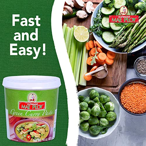 Mae Ploy Green Curry Paste, Authentic Thai Green Curry Paste for Thai Curries & Other Dishes, Aromatic Blend of Herbs, Spices & Shrimp Paste, (14oz Tub) (25469)